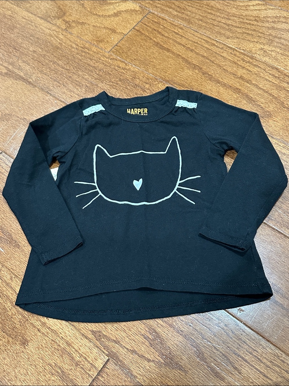 Harper Canyon Black Long Sleeve Cat Face Tee with Heart Accent